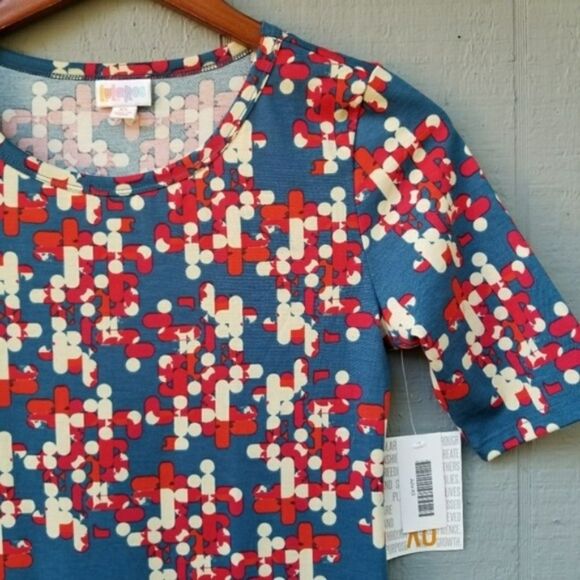 Lularoe NWT Julia XS Blue Red Cream Dot Print Geo - Picture 1 of 7